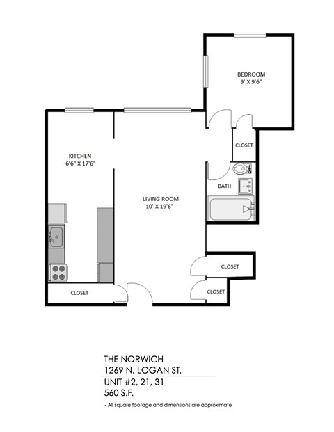 A floor plan of a living space with a kitchen, bathroom and bedroom.